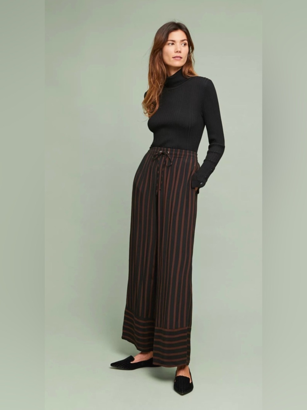 Faithfull the Brand Black Espresso Striped Havana Wide-Leg Pants Trousers S EUC